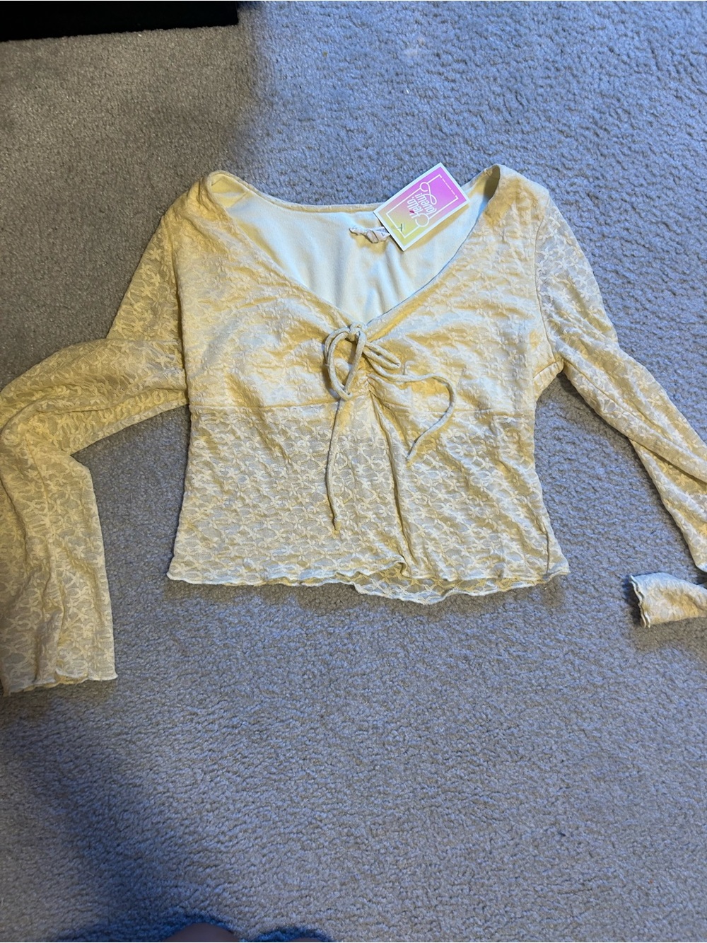 Yellow Lace Tie-Front Long Sleeve Top
